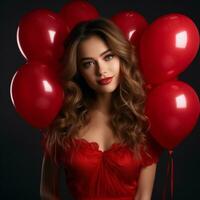 AI generated Beautiful young woman with red balloons. Woman celebration party with red balloons, studio photo