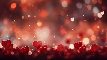 AI generated Beautiful background with red hearts, lights, sparkles and bokeh. Valentine's Day card. Heart shaped bokeh Valentines background photo