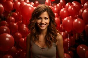 AI generated Beautiful young woman with red balloons. Woman celebration party with red balloons, studio photo