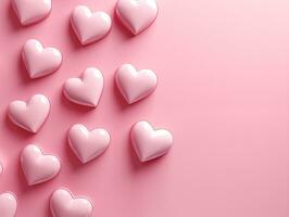 AI generated Pink background with hearts and copy space.Valentine day concept for design. Flat lay with space for text. photo