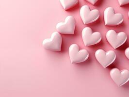 AI generated Pink background with hearts and copy space.Valentine day concept for design. Flat lay with space for text. photo