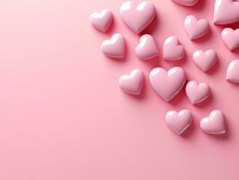 AI generated Pink background with hearts and copy space.Valentine day concept for design. Flat lay with space for text. photo