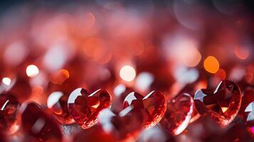 AI generated A closeup photograph of blurred small crystal red hearts as a background. Valentines day concept. Abstract background with crystal hearts. Valentine's day background photo