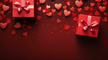 AI generated Valentine's day red hearts and gift boxes, banner with copyspace, love background concept, blank space, flat lay with space for text photo