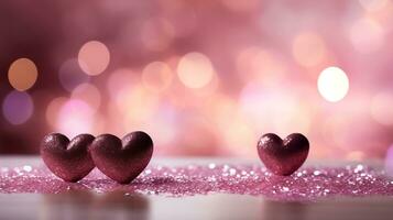 AI generated Beautiful background with red glitter hearts, lights, sparkles and bokeh. Valentine's Day card. Heart shaped bokeh Valentines background photo