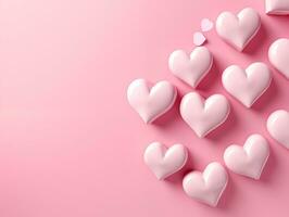 AI generated Pink background with hearts and copy space.Valentine day concept for design. Flat lay with space for text. photo