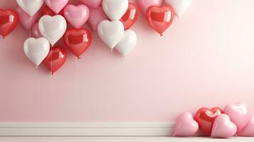 AI generated Valentine's day pink heart-shaped valloons, banner with copyspace, love background concept, blank space, flat lay with space for text photo