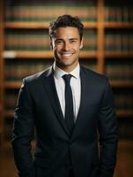 AI generated Photo of handsome happy man against a library bookshelf background. Lawyer, manager, businessman concept. Successful manin a suit, office workplace