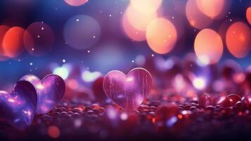 AI generated Beautiful background with colorful hearts, lights, sparkles and bokeh. Valentine's Day card. Heart shaped bokeh Valentines background photo