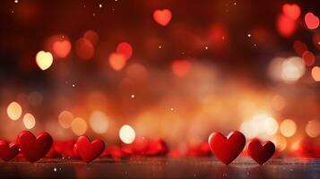 ai generado hermosa antecedentes con rojo corazones, luces, destellos y Bokeh. San Valentín día tarjeta. corazón conformado bokeh san valentin antecedentes foto