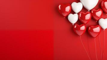 AI generated Valentine's day red and white heart-shaped balloons, red background, banner with copyspace, love background concept, blank space, flat lay with space for text photo