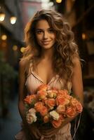 AI generated Beautiful young woman with roses. Woman celebration roses, outside photo