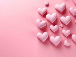 AI generated Pink background with hearts and copy space.Valentine day concept for design. Flat lay with space for text. photo