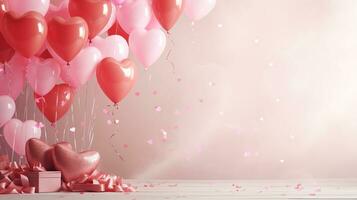 AI generated Valentine's day pink heart-shaped valloons, banner with copyspace, love background concept, blank space, flat lay with space for text photo