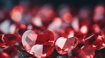 AI generated A closeup photograph of blurred small crystal red hearts as a background. Valentines day concept. Abstract background with crystal hearts. Valentine's day background photo