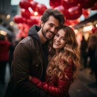 AI generated Beautiful couple with red balloons. Couple celebrate valentines day surrounded by red balloons. Romantic celebration for Valentine's Day photo