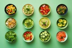 Flat lay concept of salad bowls that show health benefits and nutritional value photo
