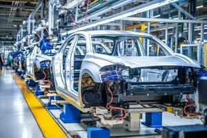 AI generated Car factory conveyor belt assemblance line production with robots and artificial intelligence photo