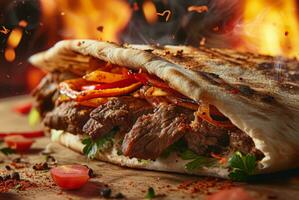 ai generado Fresco sabroso carne de vaca hamburguesa envolver con cebolla, queso y vegetales. basura comida y rápido comida concepto foto