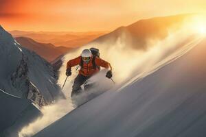 AI generated Slalom skier going down the steep risky slope and producing snow splashes photo