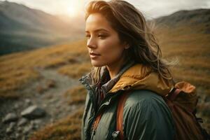 AI generated Sporty fit young diverse woman athlete running on a mountain trek with sun in the background photo