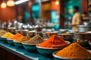 AI Generated Colorful plates with Indian spices in upscale Indian restaurant serving Indian national cuisine photo