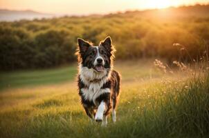 AI generated Playful dog puppy running in the field photo
