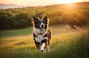 ai generado juguetón perro perrito corriendo en el campo foto