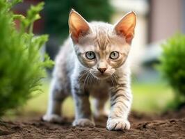 ai generado devon rex corto pelo gato raza conocido para sus alto orejas y sphynx Mira foto