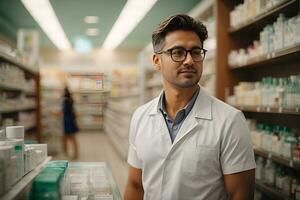 AI Generated Pharmacy drugstore interiors with medicine, vitamins pills and supplements standing on the shelves photo