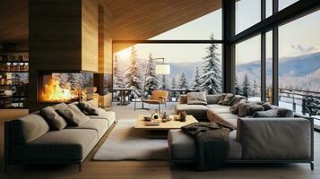 AI generated Modern cozy chalet in the mountains with a fireplace and a comfortable living room in winter photo