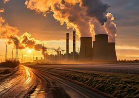 ai generado industrial fábrica refinería productor un lote de contaminación, penacho de fuma contaminador ozono capa foto