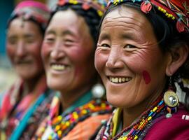 ai generado sonriente nativo indígena personas de Tíbet vestido en vistoso nativo ropa foto