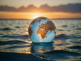 AI generated Globe in ocean, concept of eco sustainability alternative green clean energy and clean environment photo