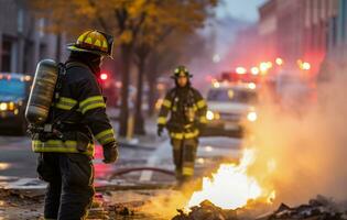 AI Generated Fireman in fireman uniform and first responders extinguish fire in dangerous conditions photo