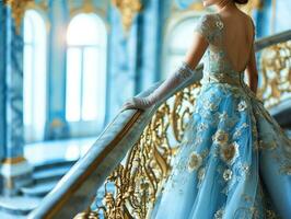 AI generated Happy young elegant bride in luxury dress and luxury setting waiting for wedding ceremony to begin photo