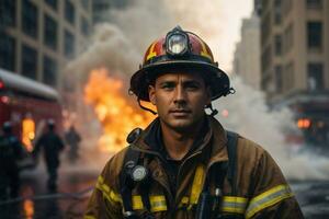 AI Generated Fireman in fireman uniform and first responders extinguish fire in dangerous conditions photo