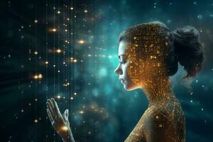 AI generated Human interconnected with a digital space and virtual reality universe by means of brain implant photo