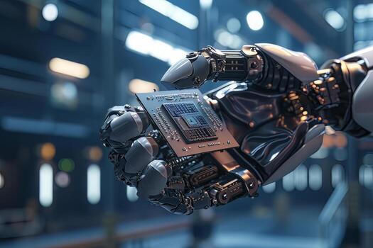 AI generated Futuristic Android robot holding advanced processor chip, a concept of big data and AI photo