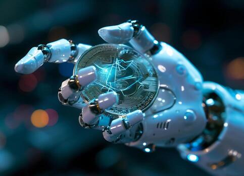 AI generated Futuristic Android robot holding a bitcoin, a concept of big data and AI photo