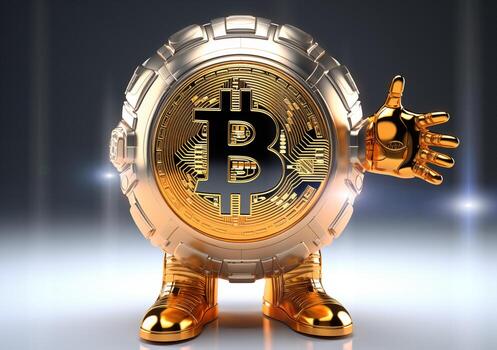 AI generated Futuristic Android robot holding a bitcoin, a concept of big data and AI photo