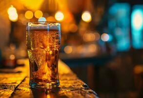 AI generated Cup of beer standing on the table ready to be consumed before the sport game photo