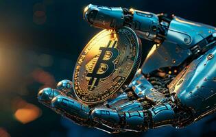 AI generated Futuristic Android robot holding a bitcoin, a concept of big data and AI photo