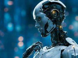 AI generated Android Artificial Intelligence robot in Big Data Facility services operations in a big server farm photo
