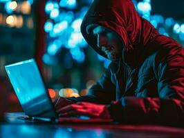 AI generated Hacker breaching security of banking corporate network engaging in DOS attacks and planting viruses photo