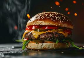 AI generated Fresh tasty beef burger with onion, cheese and vegetables. Junk food and fast food concept photo