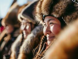 ai generado sonriente nativo inuit indígena personas de Groenlandia vestido en vistoso nativo ropa foto