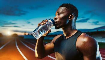 ai generado un poderoso negro atleta en el corriendo carrera pista, exhibiendo fortaleza, velocidad y aptitud foto