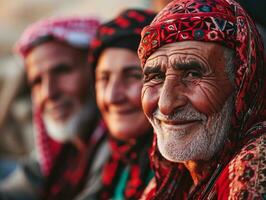 ai generado sonriente nativo indígena personas de Palestina vestido en vistoso toca árabe foto