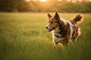 AI generated Playful dog puppy running in the field photo